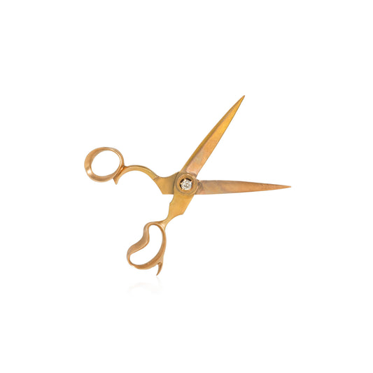 Art Nouveau 14KT Yellow Gold Diamond Scissors Brooch front