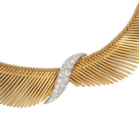 Van Cleef & Arpels 1950s Platinum & 18KT Yellow Gold Diamond Necklace close-up details