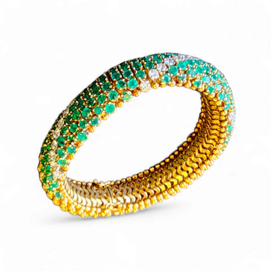 1960s 18KT Yellow Gold Emerald & Diamond Cous-Cous Bracelet front
