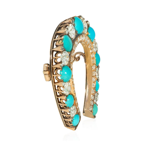 Victorian 15KT Yellow Gold Turquoise & Diamond Horseshoe Brooch side