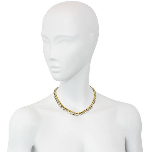 Bulgari Italy 1970s 18KT White & Yellow Gold Diamond Curblink Necklace on neck