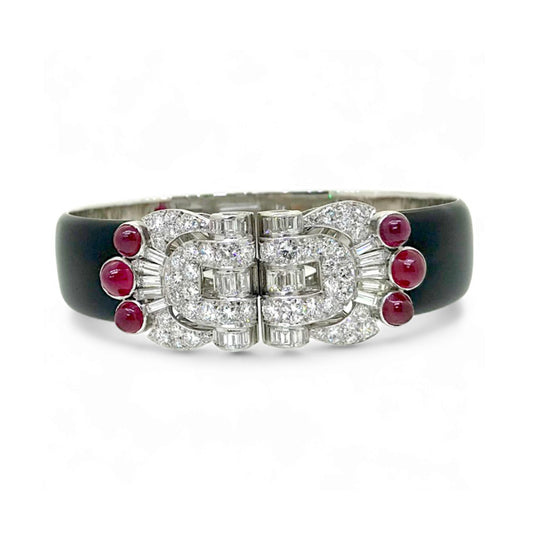 French Art Deco Platinum, 18KT Yellow Gold & 14KT White Gold Diamond & Ruby Double Clips Bracelet front