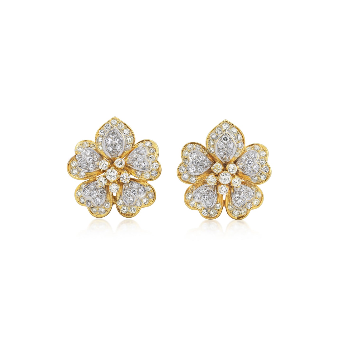 1980s 18KT Yellow Gold Diamond Flower Earrings front view