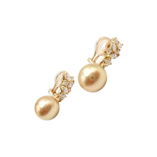 Mikimoto Post-1980s 18KT Yellow Gold Pearl & Diamond Earrings front