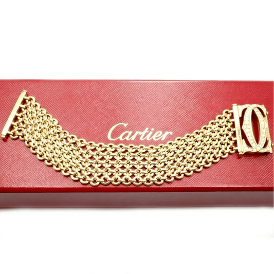 Cartier Post-1980s 18KT Yellow Gold Diamond Penelope Double C Bracelet on box
