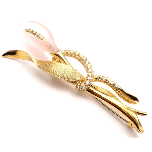 Henry Dunay 1980s 18KT Yellow Gold Diamond & Rose Quartz Calla Lily Brooch front