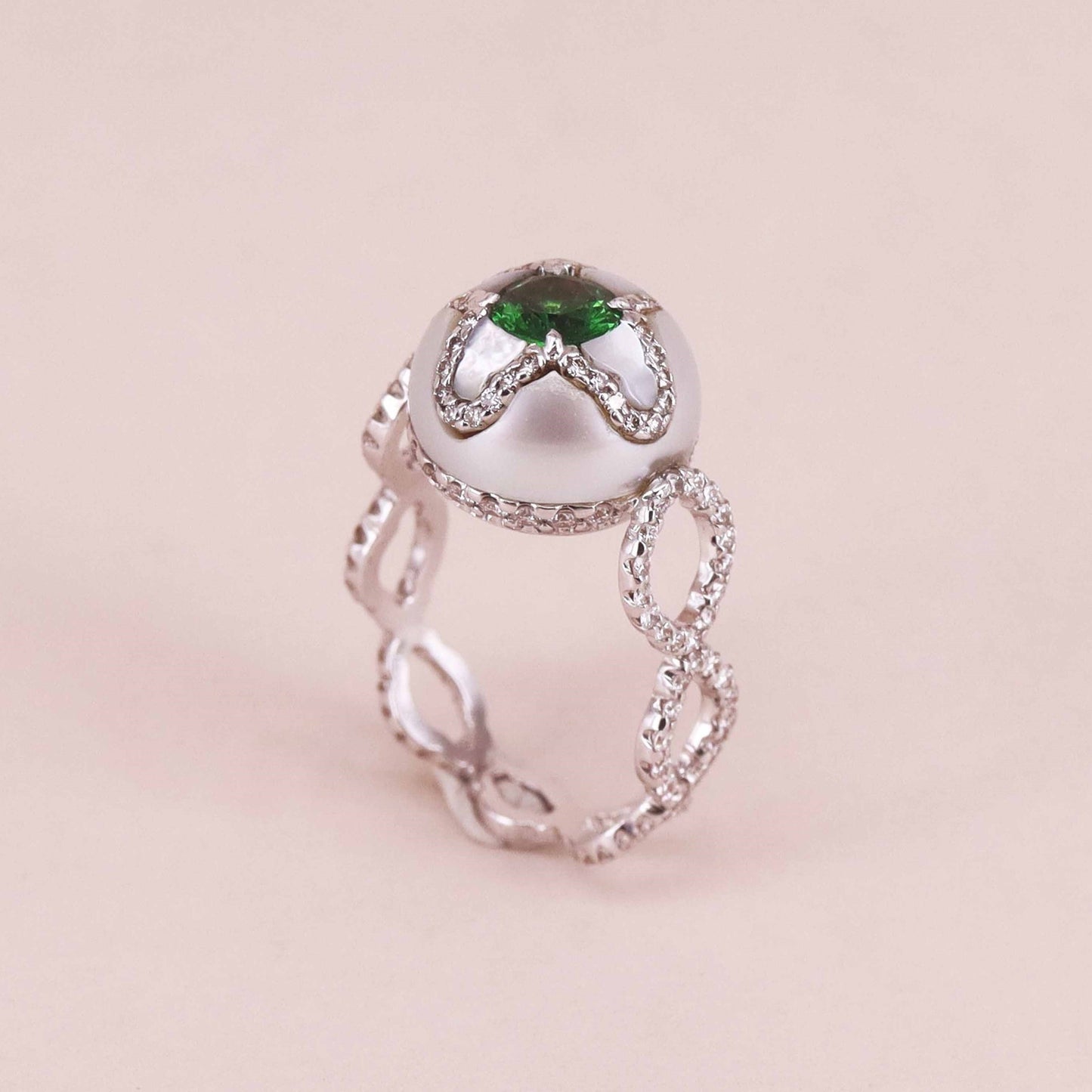 Contemporary 18KT White Gold Pearl, Diamond & Tsavorite Ring side