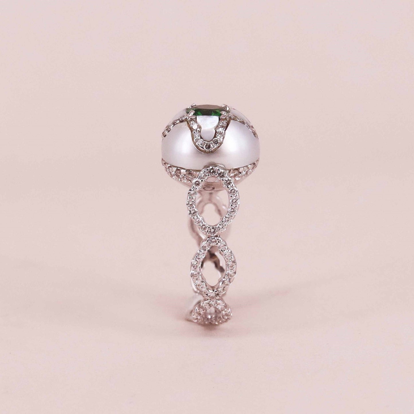 Contemporary 18KT White Gold Pearl, Diamond & Tsavorite Ring side