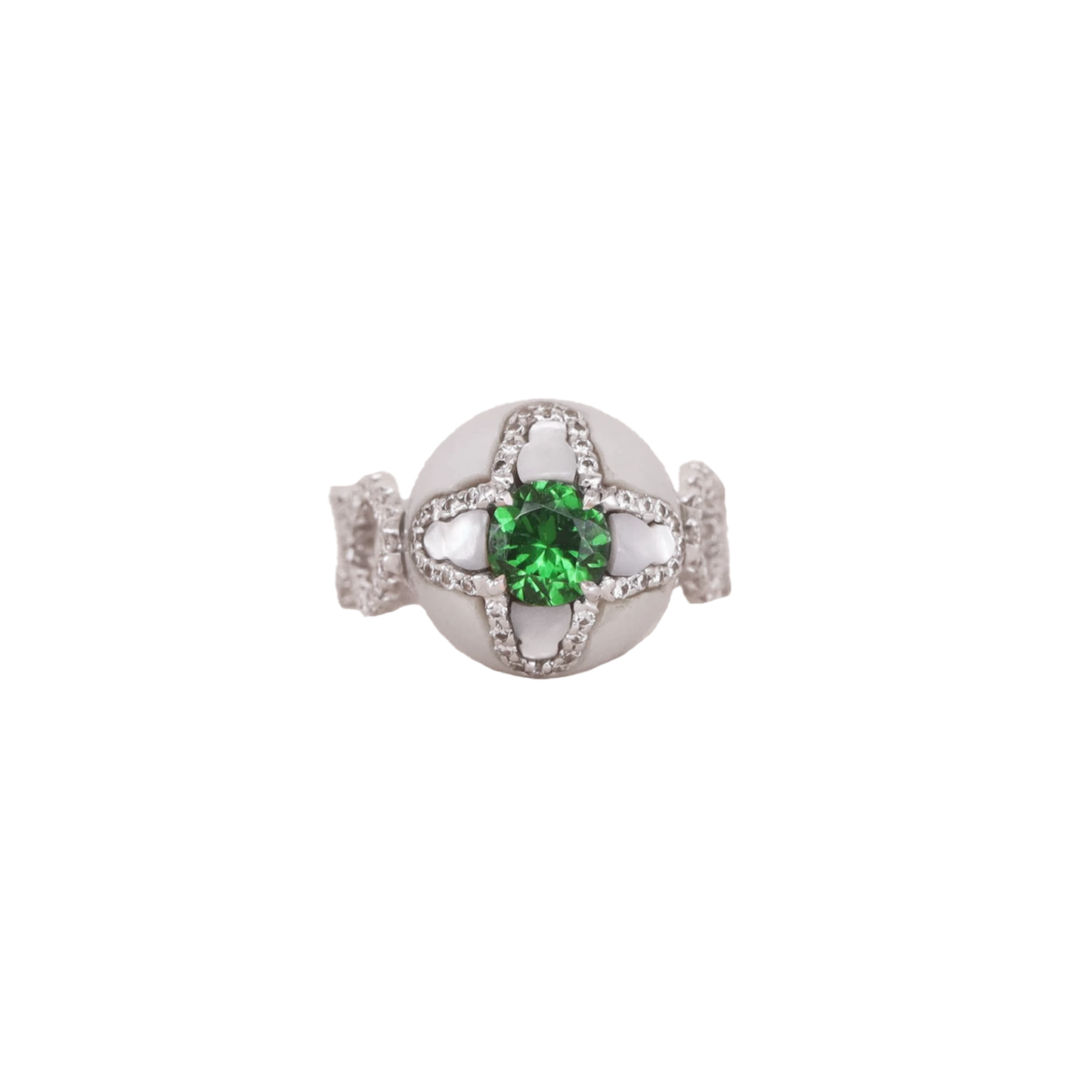 Contemporary 18KT White Gold Pearl, Diamond & Tsavorite Ring front
