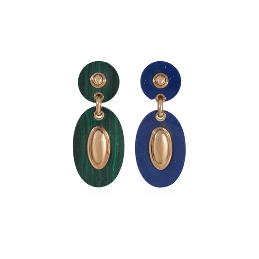 Van Cleef & Arpels Paris 1970s 18KT Rose Gold Lapis Lazuli & Malachite Earrings front