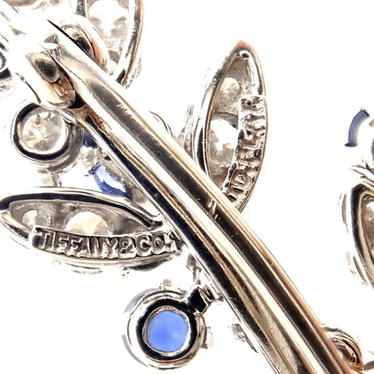Tiffany & Co. 1980s Platinum Diamond & Sapphire Brooch signature