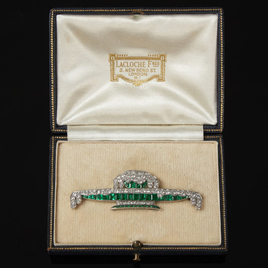 Lacloche Freres French Art Deco Platinum Emerald & Diamond Brooch in box