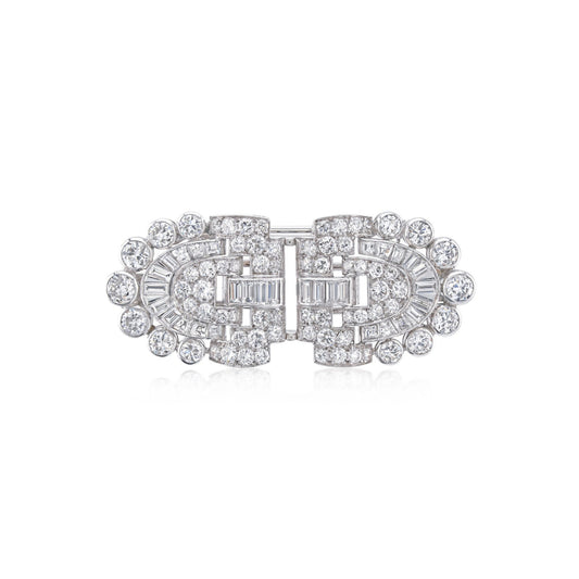 French Art Deco Platinum Diamond Double Clips Brooch front