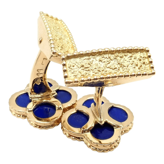 Van Cleef & Arpels French Post-1980s 18KT Yellow Gold Lapis Lazuli Alhambra Cufflinks back