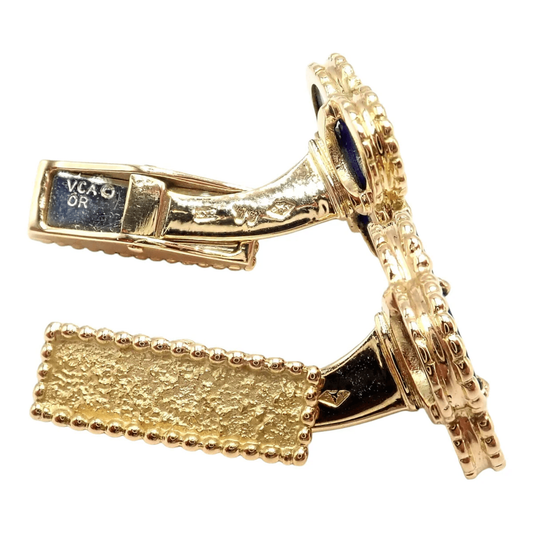 Van Cleef & Arpels French Post-1980s 18KT Yellow Gold Lapis Lazuli Alhambra Cufflinks back and signature