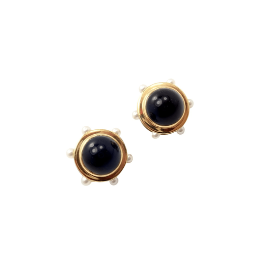 Tiffany & Co. 1980s 18KT Yellow Gold Pearl & Onyx Earrings front