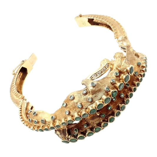 Ilias Lalaounis 1980s 18KT Yellow Gold Emerald, Diamond & Ruby Bracelet profile