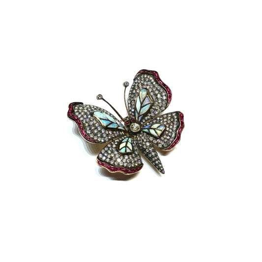 Contemporary Silver & 18KT Yellow Gold Diamond, Opal & Ruby Butterfly Brooch front