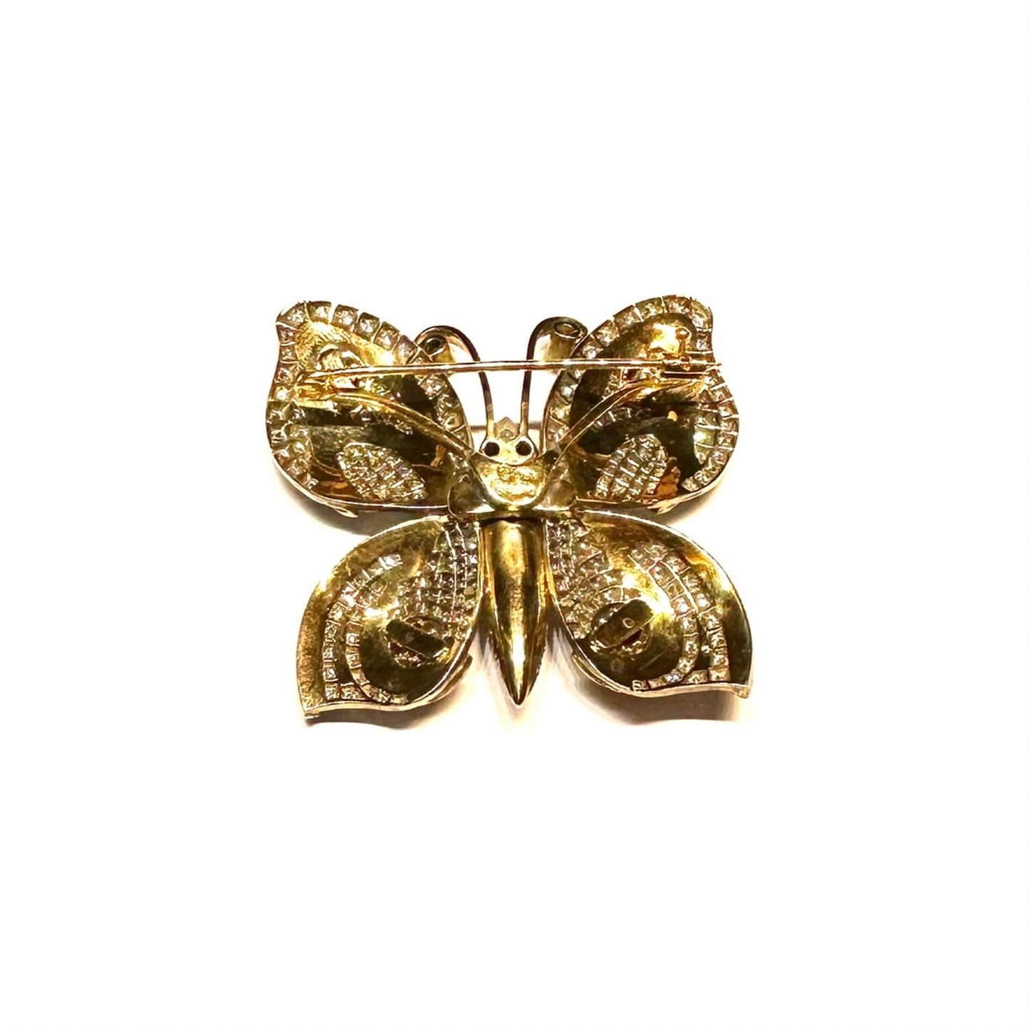 Antique 18KT Yellow Gold Ruby, Diamond & Enamel Butterfly Brooch back