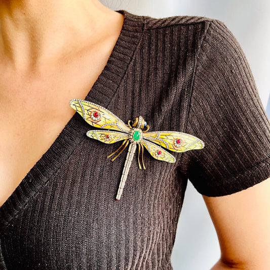 1980s 18KT Yellow Gold Emerald, Enamel, Ruby & Sapphire Dragonfly Brooch on blouse
