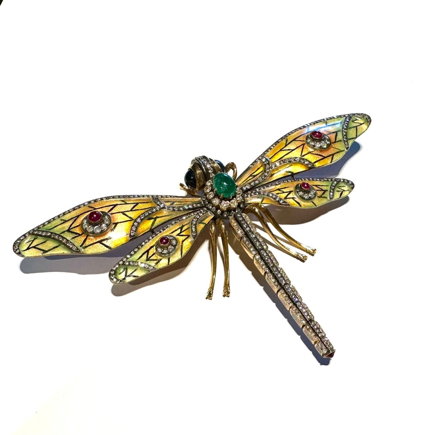 1980s 18KT Yellow Gold Emerald, Enamel, Ruby & Sapphire Dragonfly Brooch front