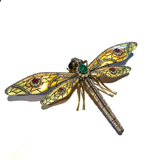 1980s 18KT Yellow Gold Emerald, Enamel, Ruby & Sapphire Dragonfly Brooch front