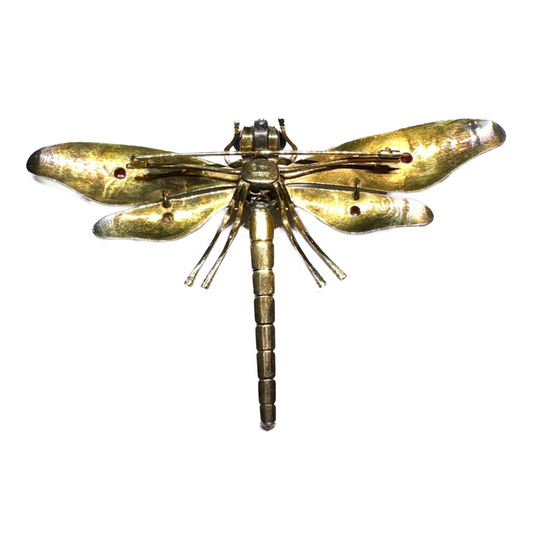 1980s 18KT Yellow Gold Emerald, Enamel, Ruby & Sapphire Dragonfly Brooch back
