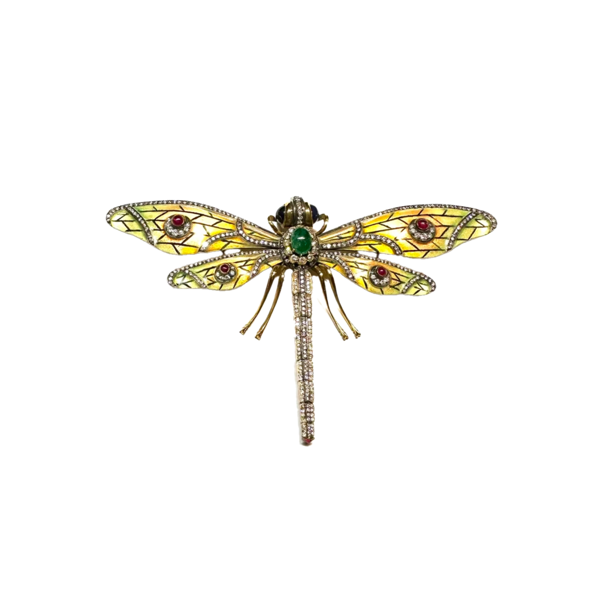 1980s 18KT Yellow Gold Emerald, Enamel, Ruby & Sapphire Dragonfly Brooch front