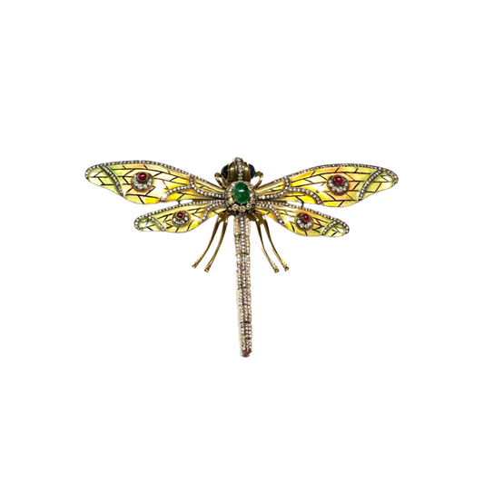 1980s 18KT Yellow Gold Emerald, Enamel, Ruby & Sapphire Dragonfly Brooch front