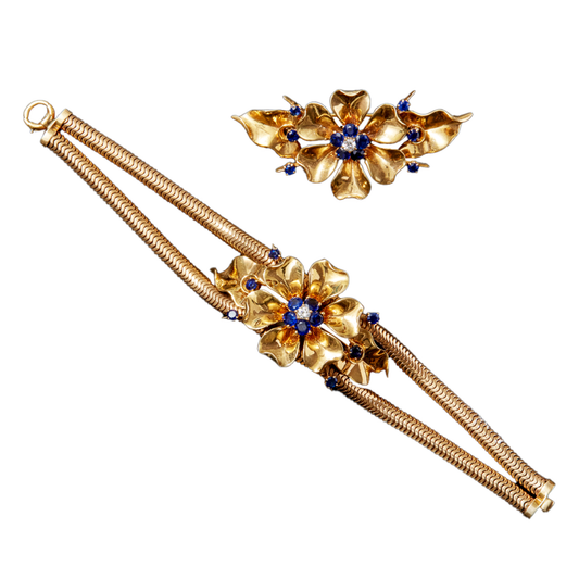 Retro 14KT Yellow Gold Sapphire & Diamond Bracelet & Brooch Set front