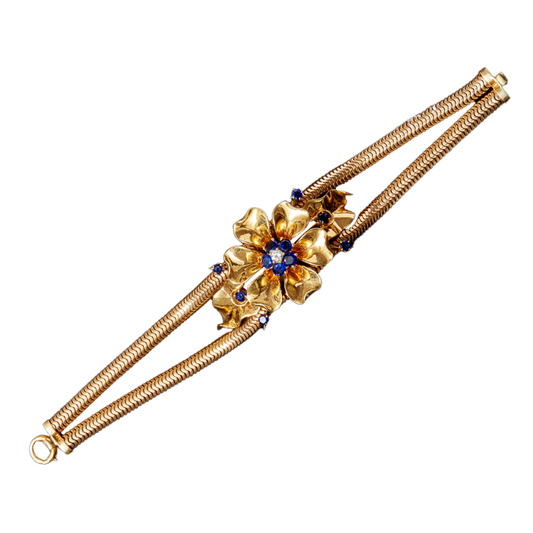 Retro 14KT Yellow Gold Sapphire & Diamond Bracelet & Brooch Set bracelet
