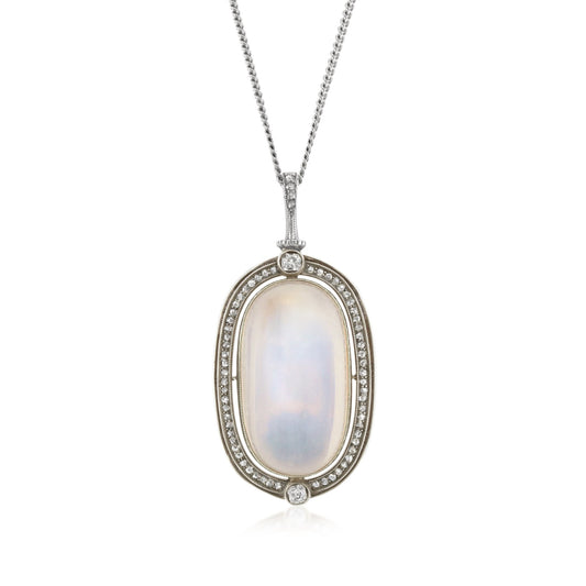 Victorian Silver & 18KT Yellow Gold Moonstone, Diamond & Natural Pearl Necklace front