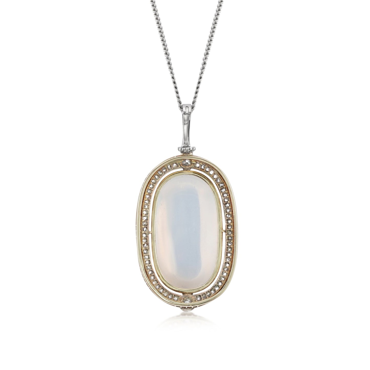 Victorian Silver & 18KT Yellow Gold Moonstone, Diamond & Natural Pearl Necklace back
