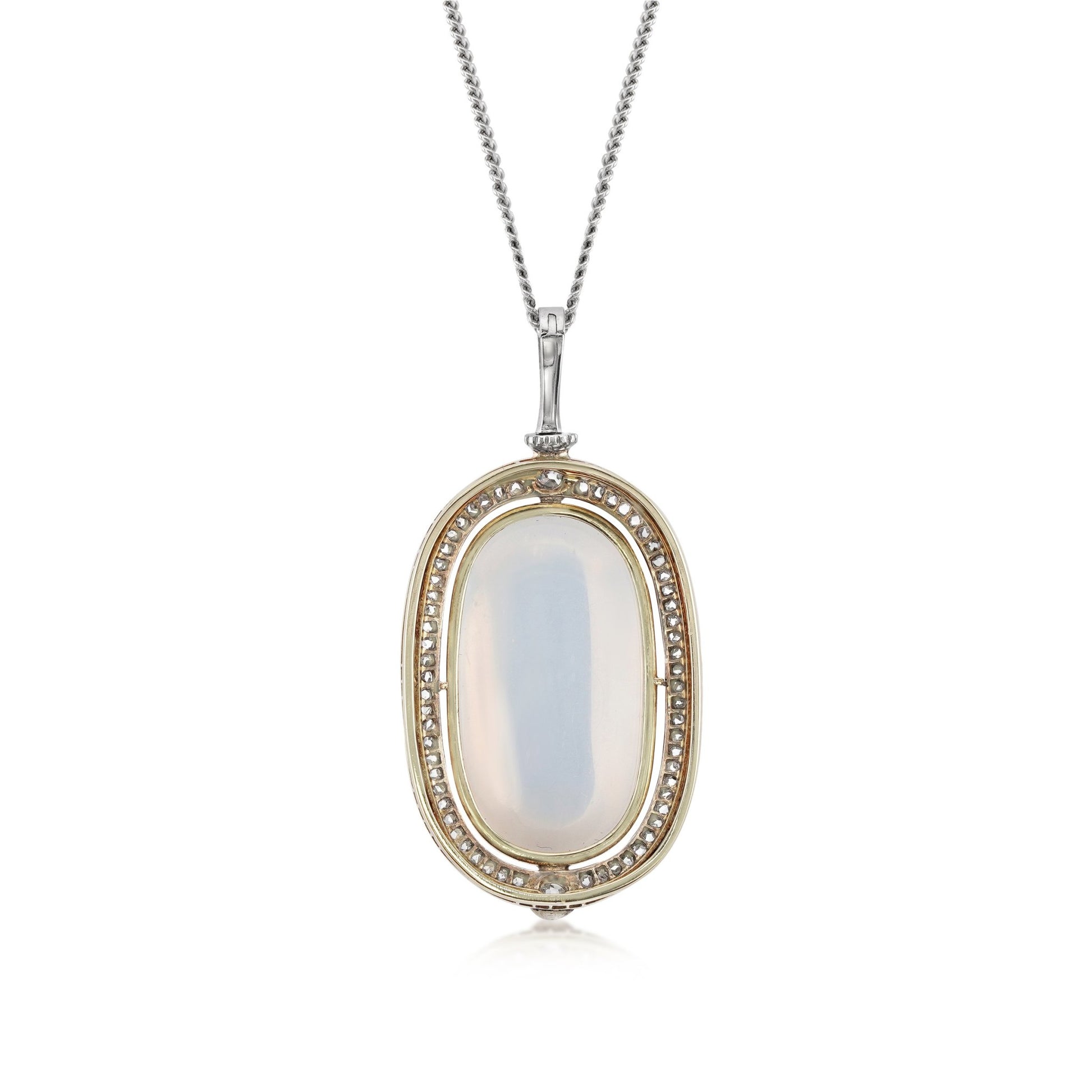 Victorian Silver & 18KT Yellow Gold Moonstone, Diamond & Natural Pearl Necklace back