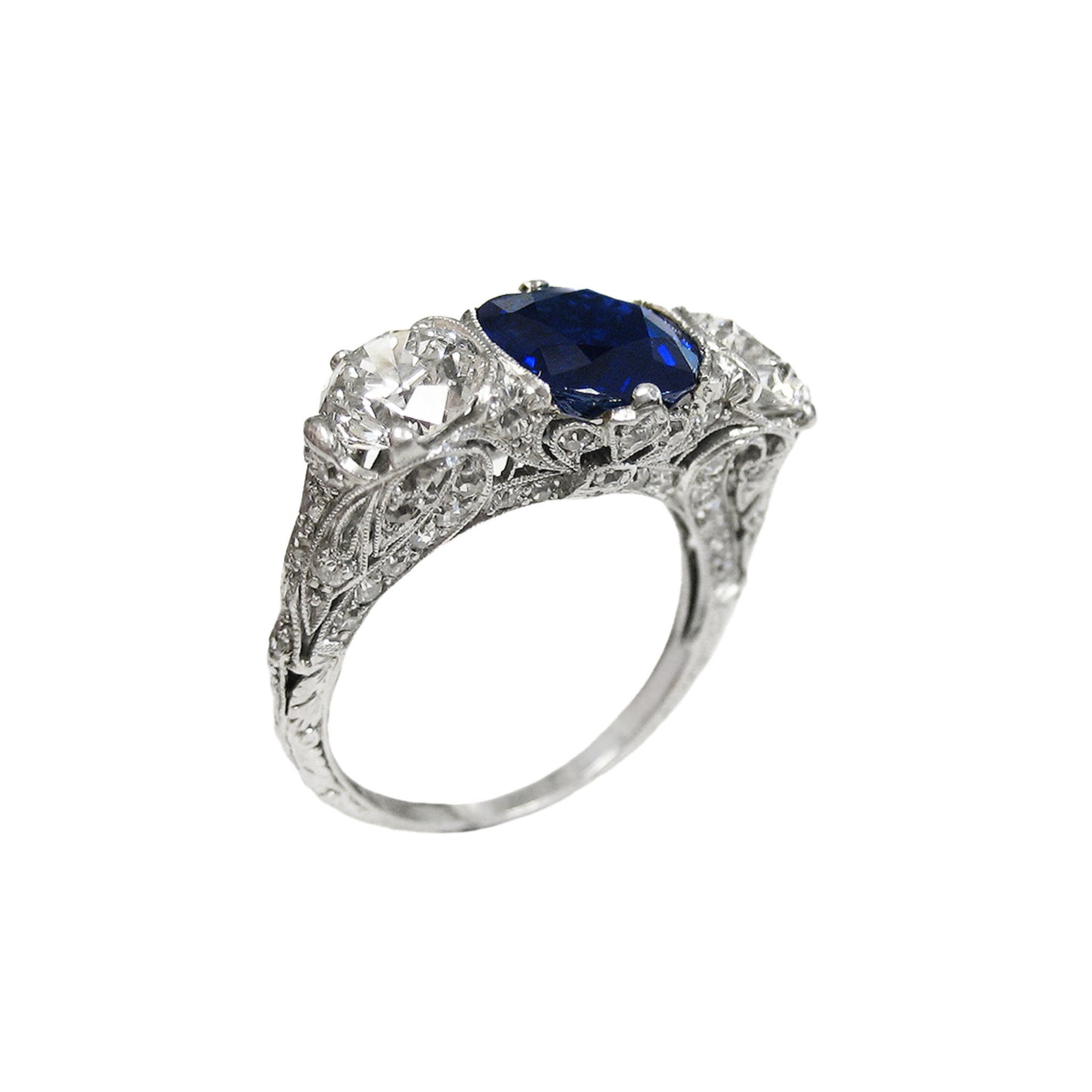 Art Deco Platinum Sapphire & Diamond Ring side angle view