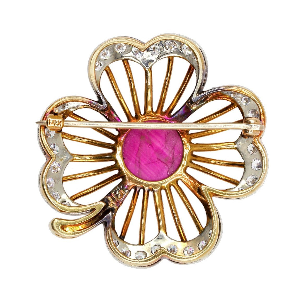 1970s 14KT Yellow Gold Diamond & Ruby Star Brooch back