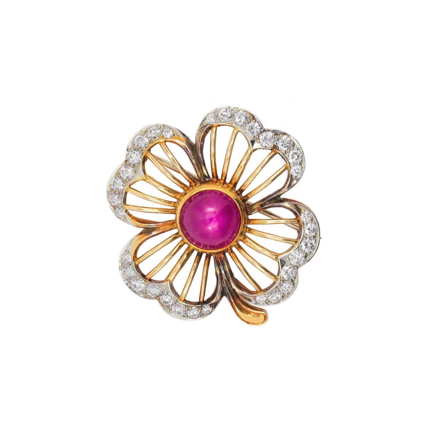 1970s 14KT Yellow Gold Diamond & Ruby Star Brooch front