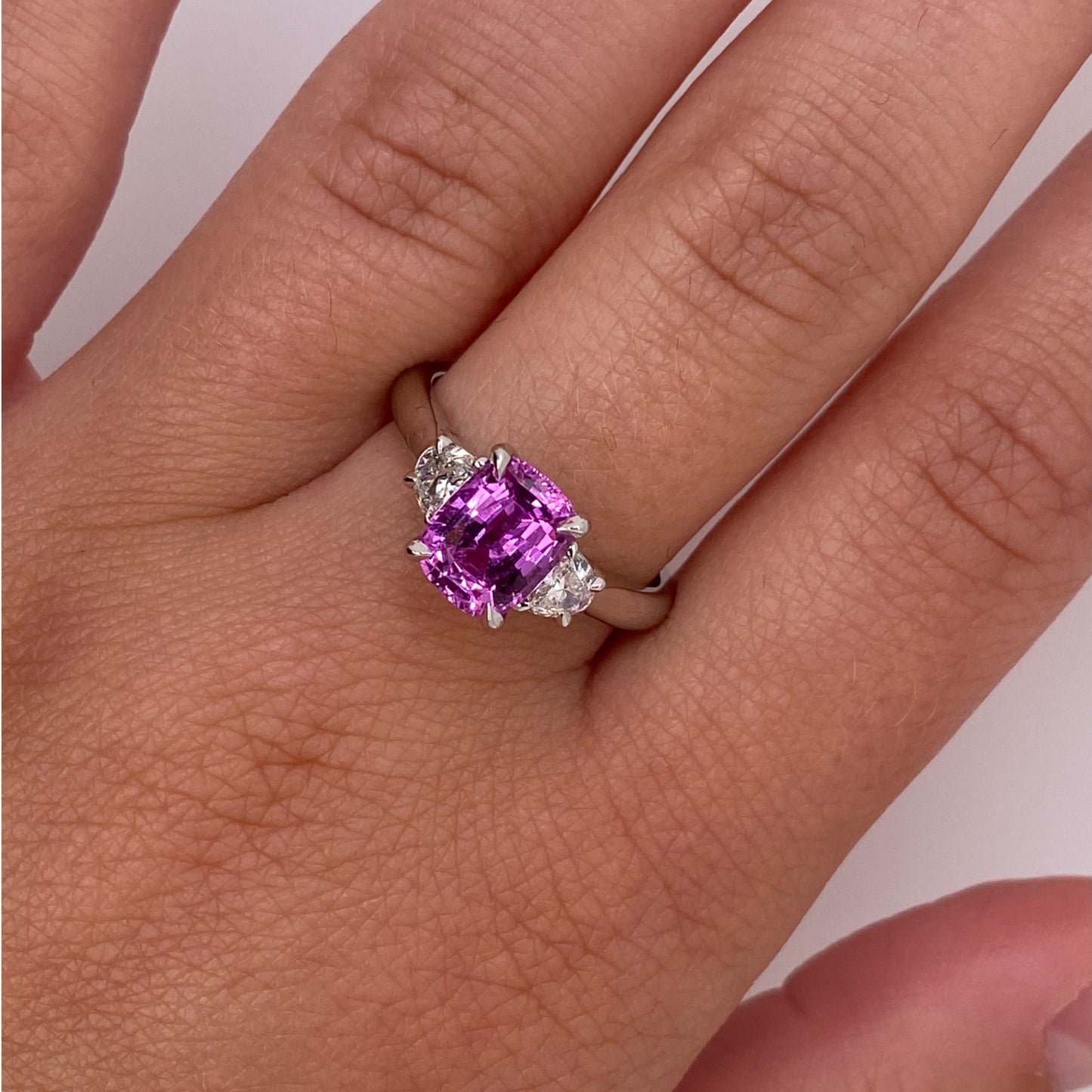 Contemporary Platinum Sapphire & Diamond Ring on finger