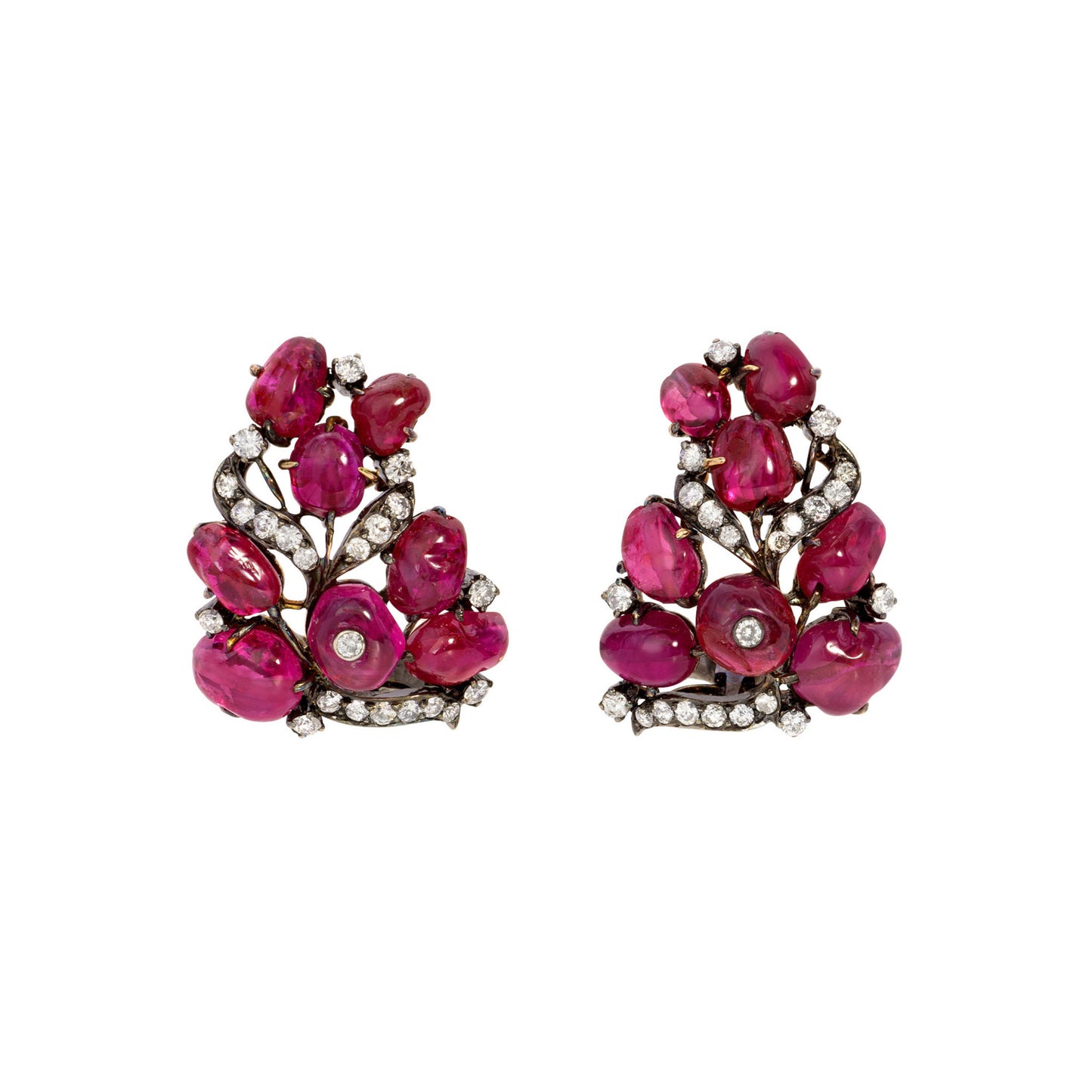 1970s 18KT Blackened Gold Ruby & Diamond Earrings front
