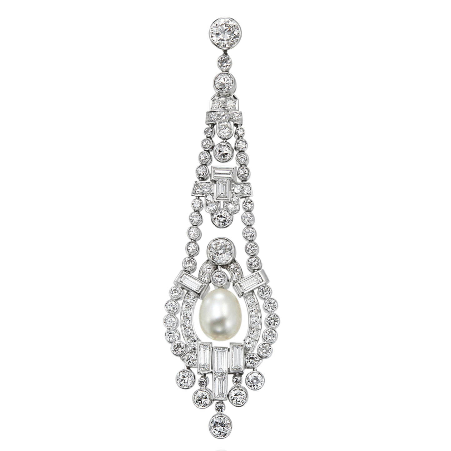 Art Deco Platinum Natural Pearl & Diamond Earrings close-up details