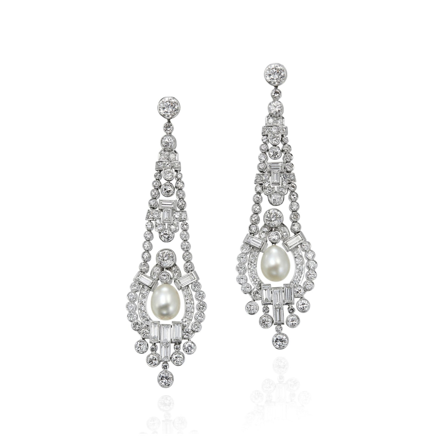 Art Deco Platinum Natural Pearl & Diamond Earrings front