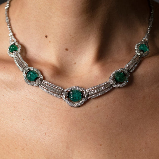Art Deco Platinum Emerald, Diamond & Enamel Necklace on neck