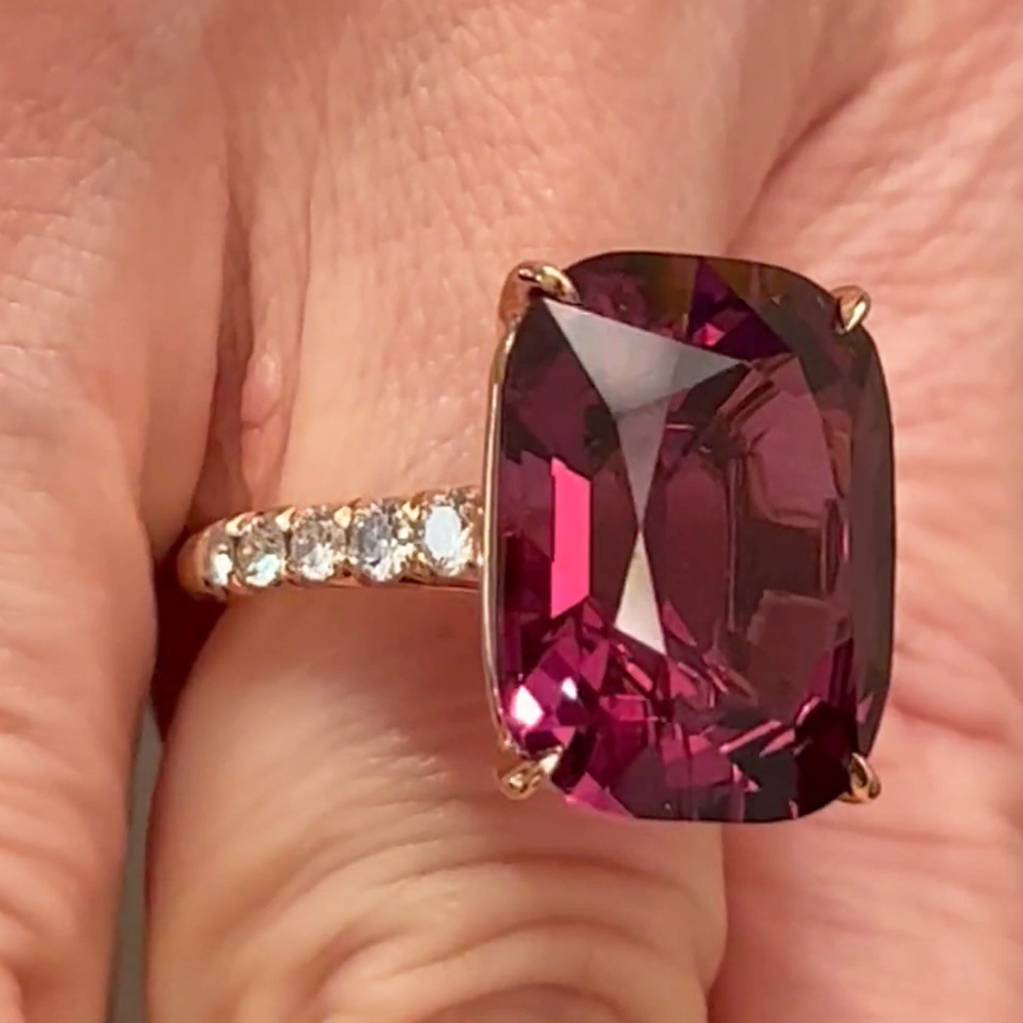 Post-1980s 18KT Rose Gold Spinel & Diamond Ring on finger