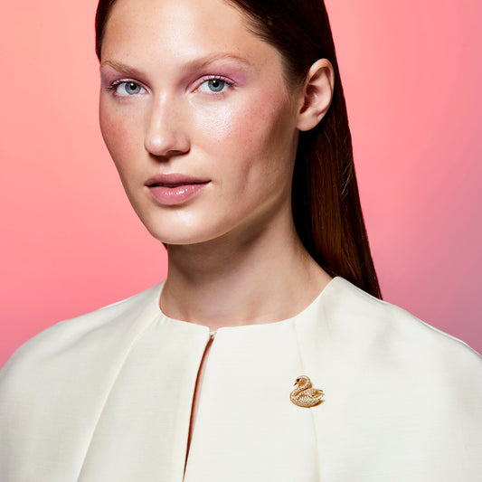 Van Cleef & Arpels NY Post-1980s 18KT Yellow Gold Sapphire & Diamond Swan Brooch on blouse