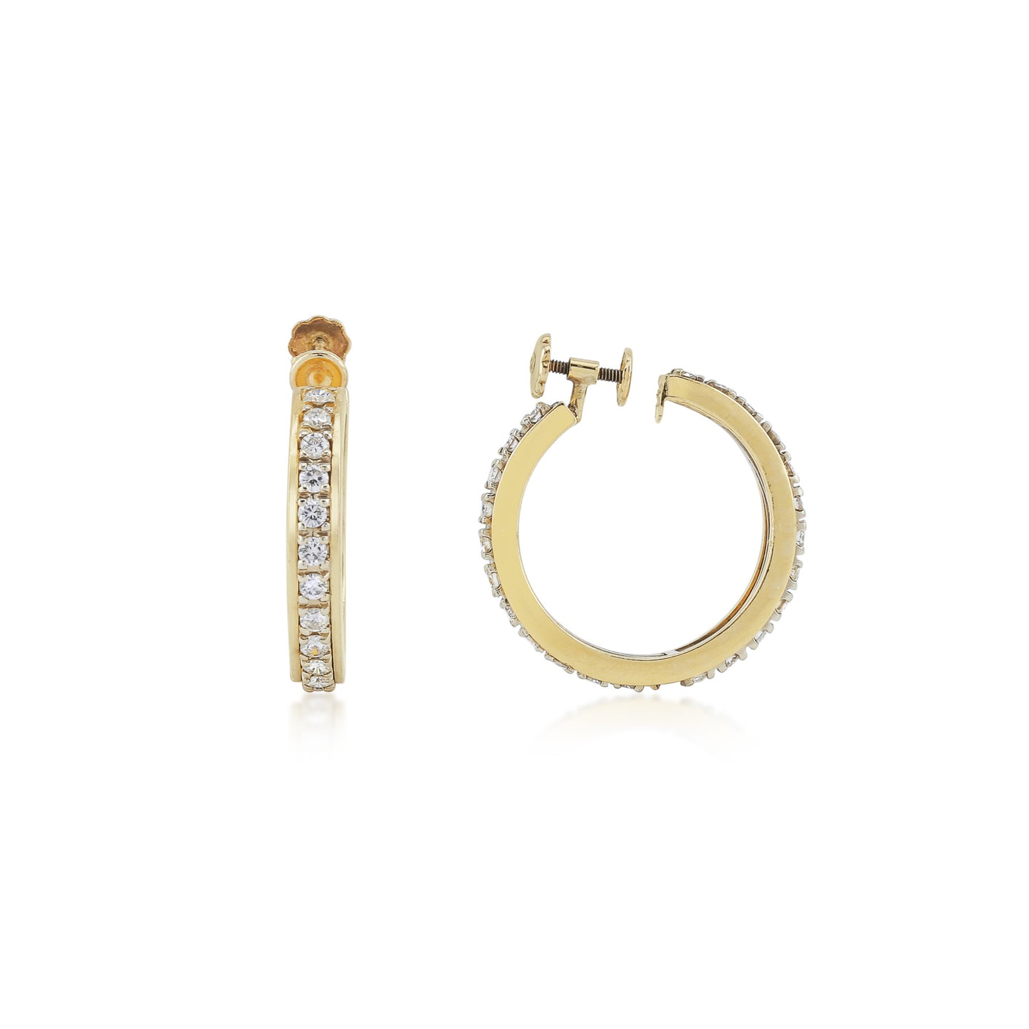 1970s 14KT Yellow Gold Diamond Hoop Earrings front and side