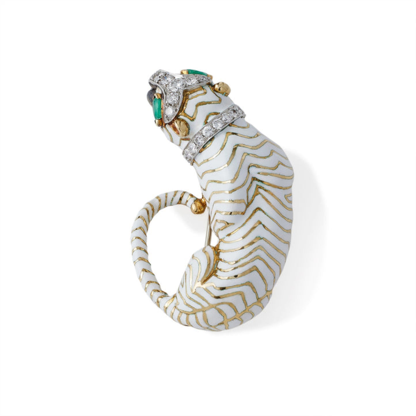David Webb New York 1960s Platinum & 18KT Yellow Gold Diamond, Emerald & Enamel Tiger Brooch top