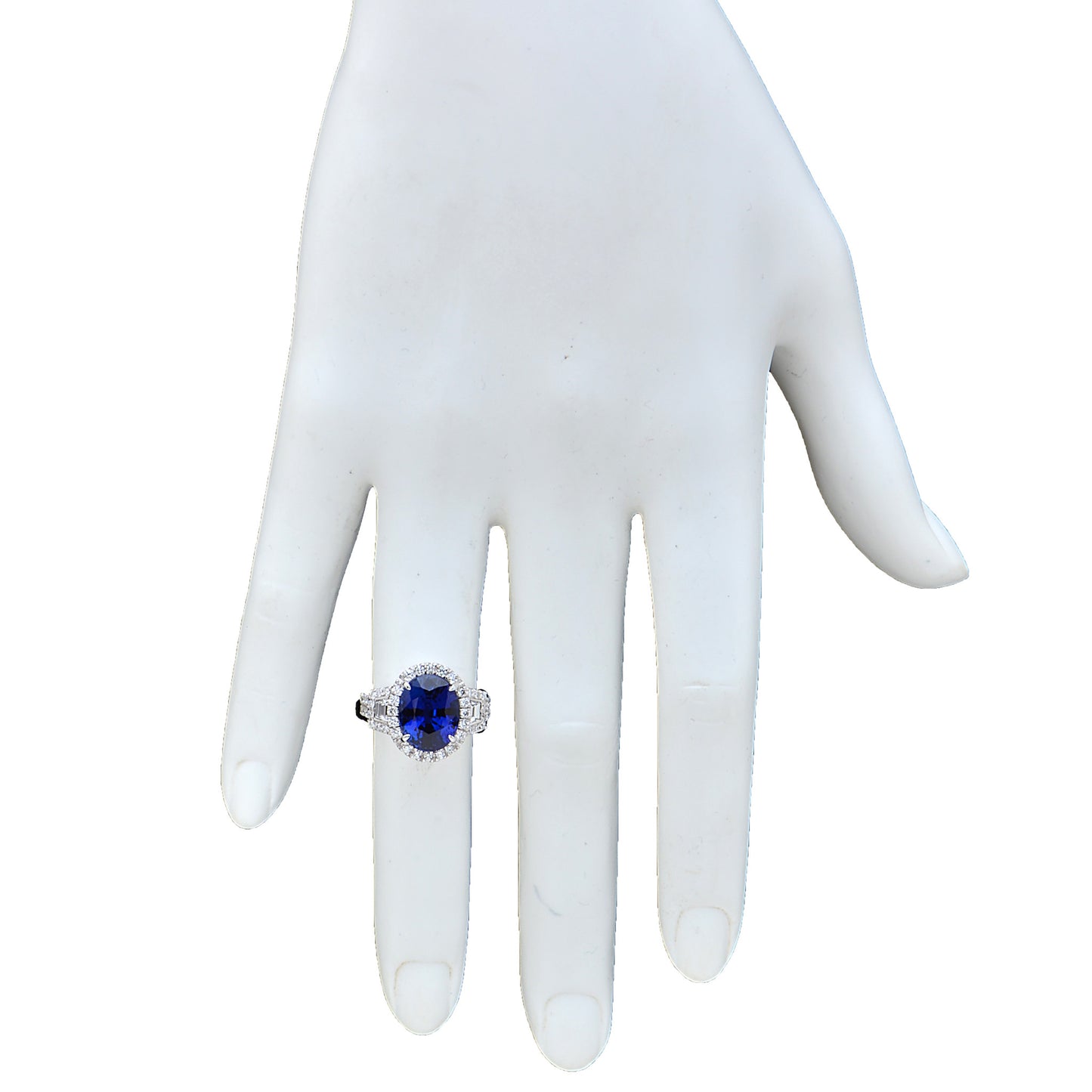 Contemporary 18KT White Gold Sapphire & Diamond Ring on finger