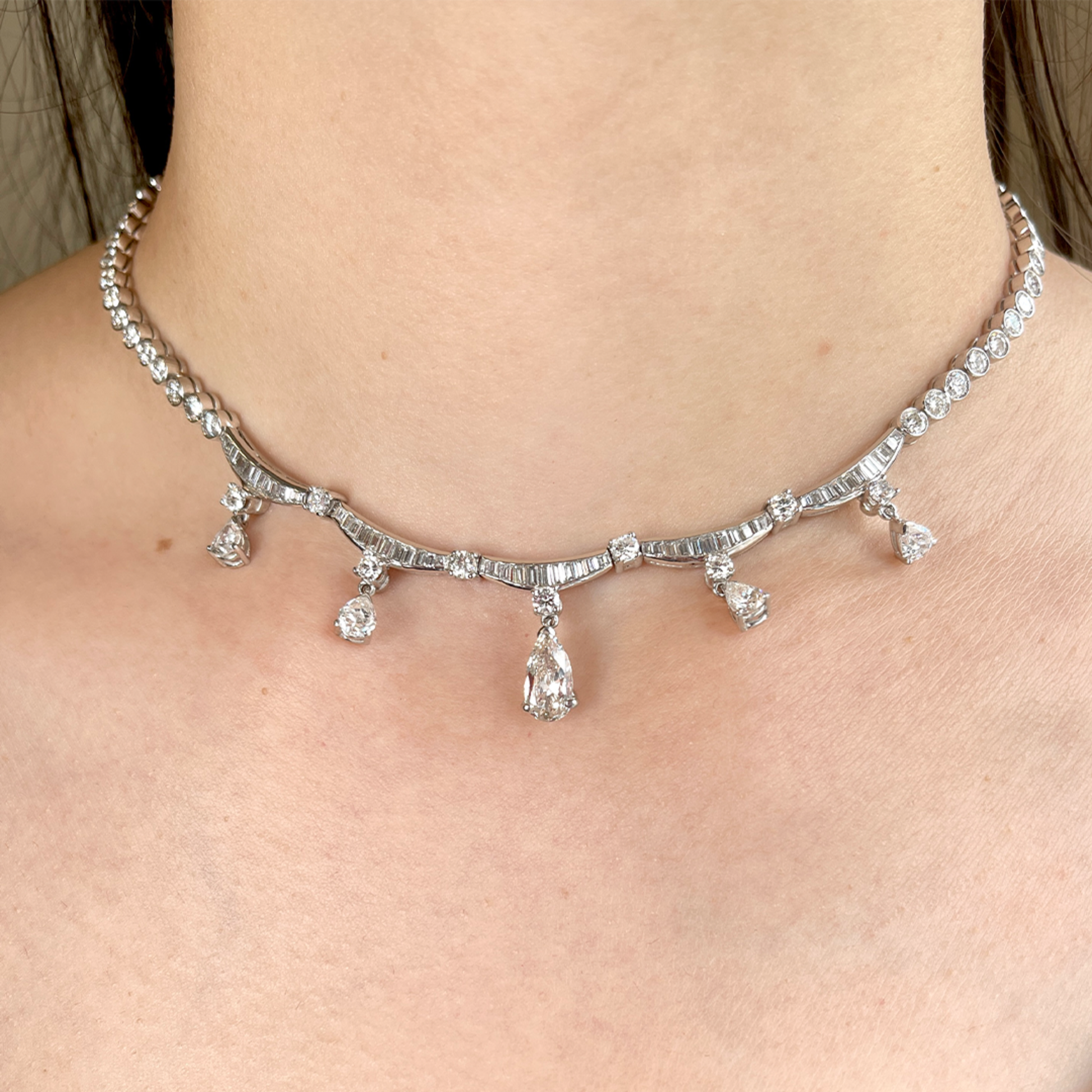 1960s Platinum Diamond Necklace on neck