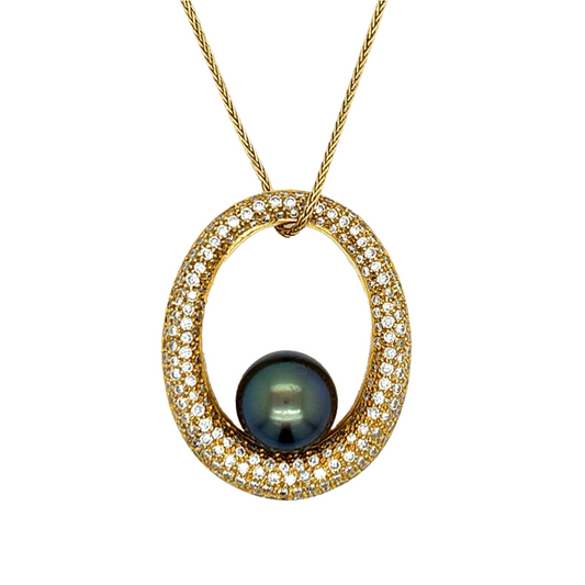 Post-1980s 18KT Yellow Gold Pearl & Diamond Necklace front