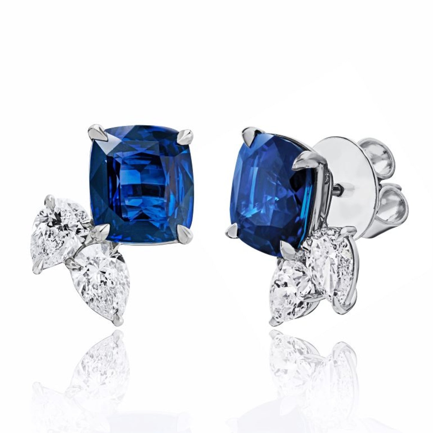 Contemporary Platinum Sapphire & Diamond Earrings front and side